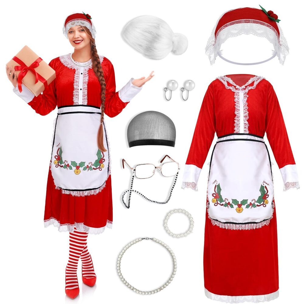2190 10 Pcs Mrs Santa Costume Classic Christmas Santa Dress Bonnet Apron